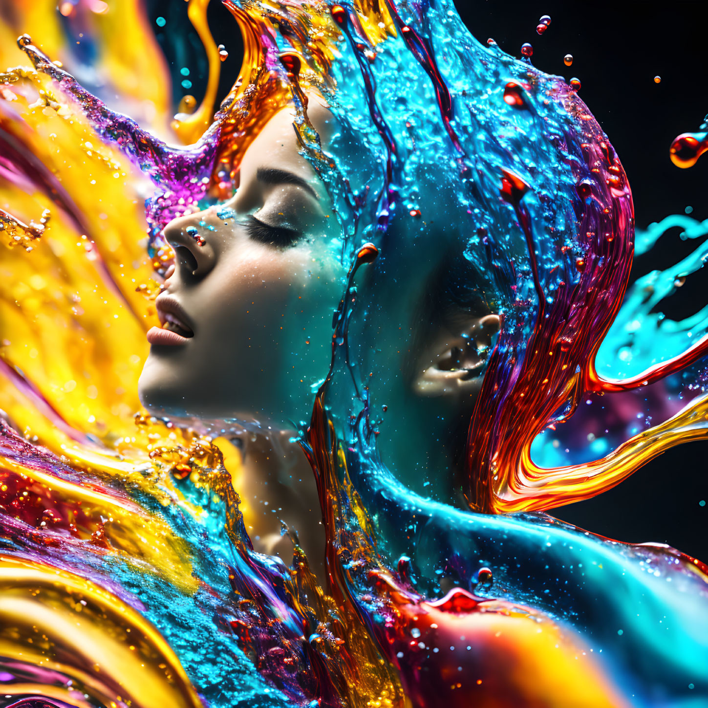 Colorful Liquid Splashes Surround Woman's Profile on Dark Background