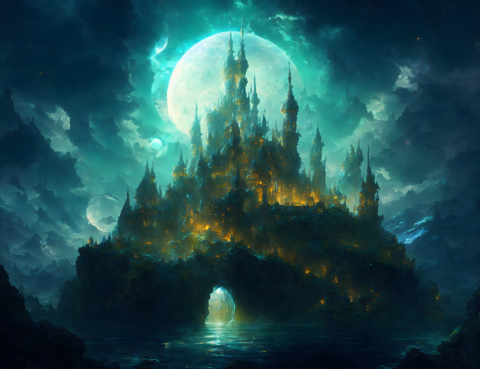 Grand castle on rugged isle under vivid moon and stars in mystical night scene