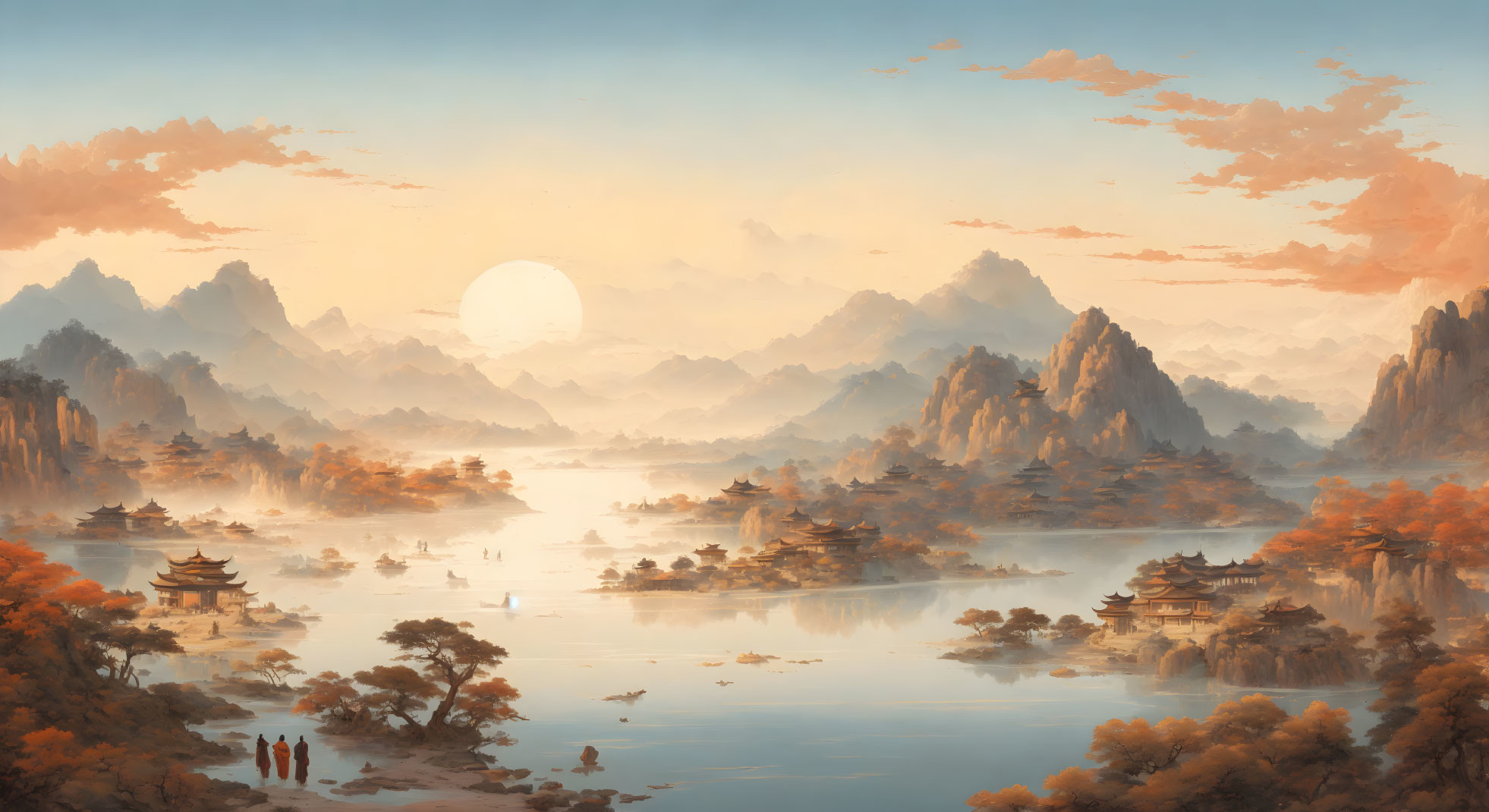 Misty mountains, serene lake, traditional structures at sunrise