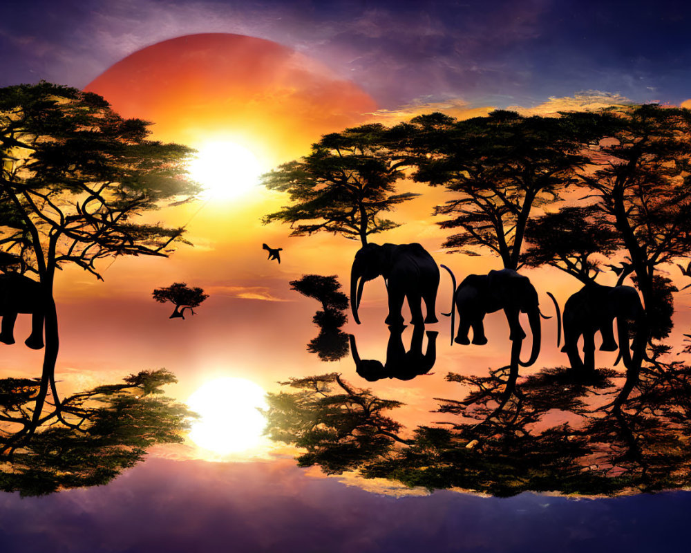 Elephants Silhouette Among Trees at Sunset Sky