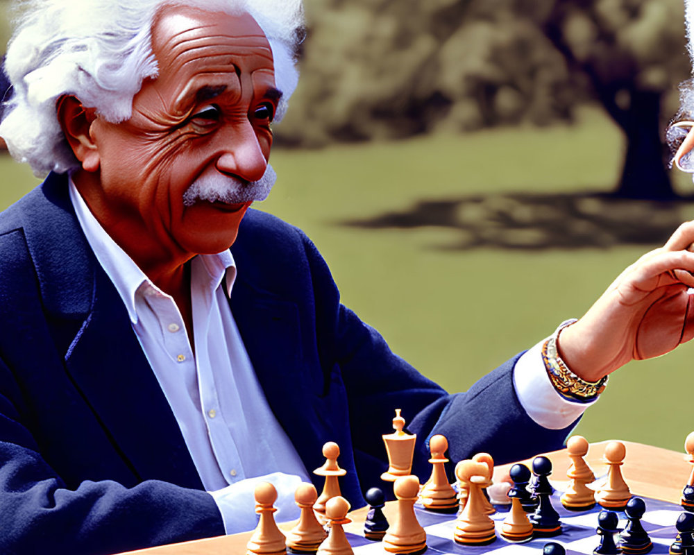 Elderly person with white hair playing chess in park