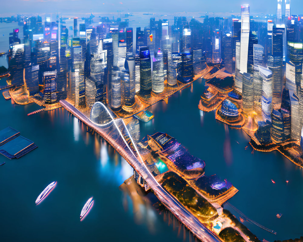 Bustling modern city at dusk with illuminated skyscrapers, bridges, and boats.