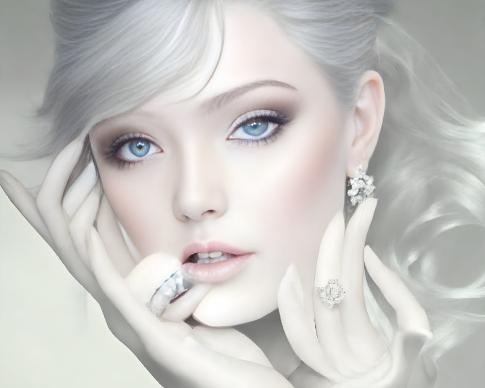 Digital art portrait: Woman with blue eyes, silver hair, and elegant jewelry in fantasy or high-fashion