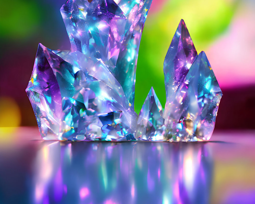 Iridescent crystal cluster with sharp edges and vibrant colors on glossy surface