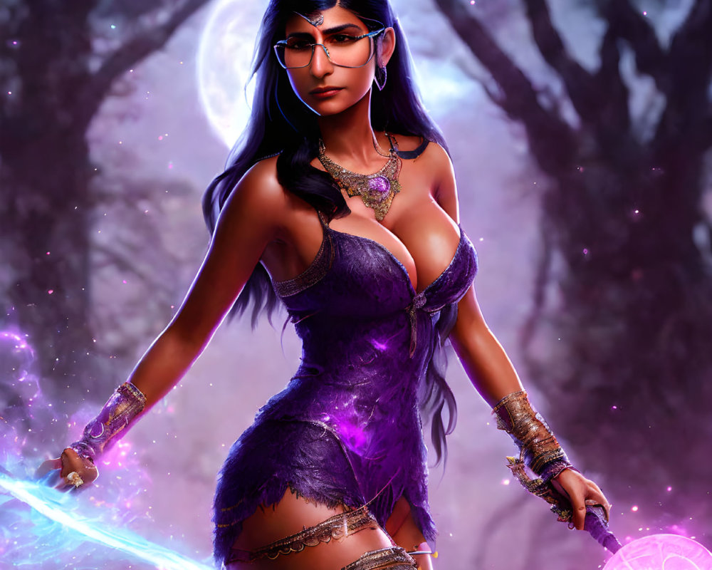 Fantasy Illustration of Woman in Glowing Purple Attire with Mystical Weapons