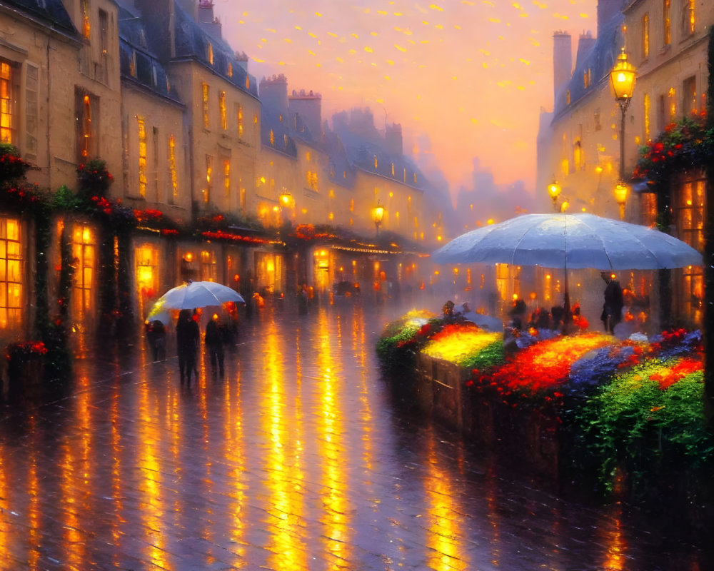 City street at twilight with glowing lights, wet cobblestones, umbrellas, and colorful flowers