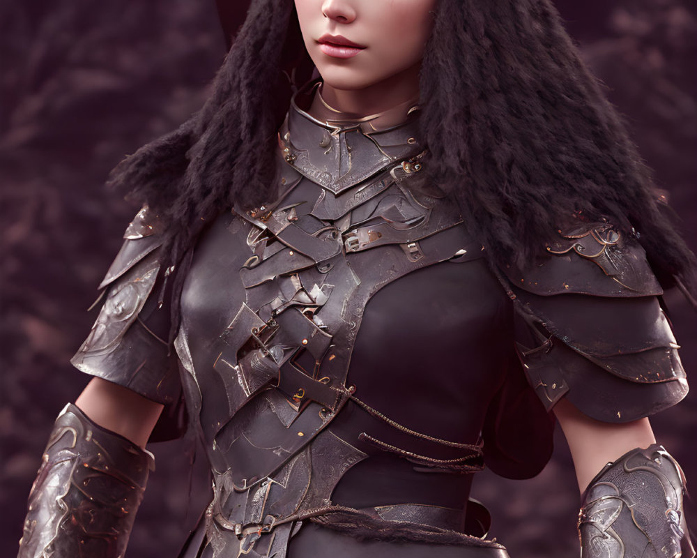 Warrior woman in dark armor with intense gaze in mystical forest