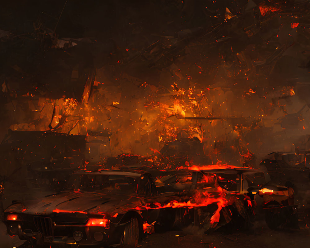 Apocalyptic Scene: Destroyed Cars, Flames, Smoke, Debris