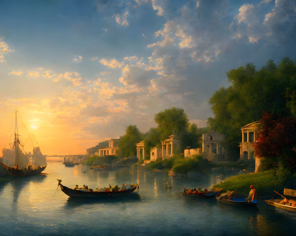 Tranquil riverside scene with boats and classical architecture