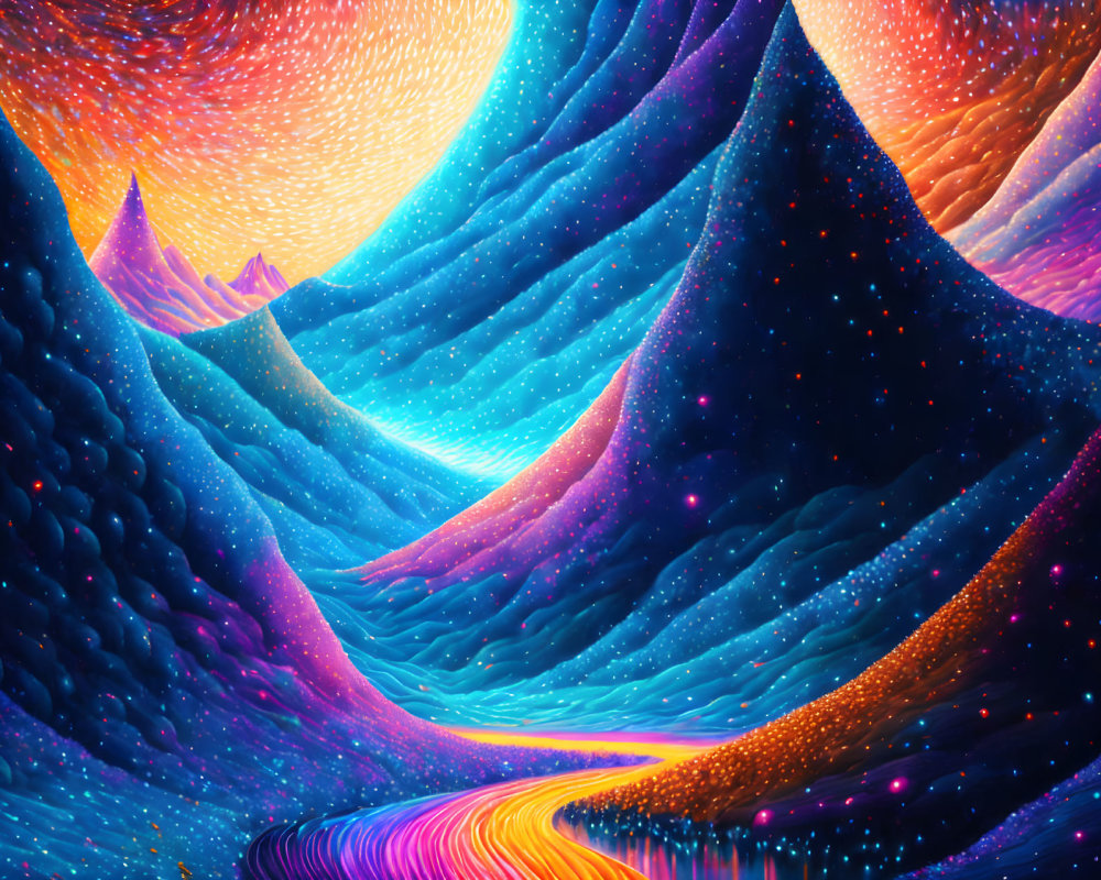 Colorful digital art: surreal landscape under star-filled sky