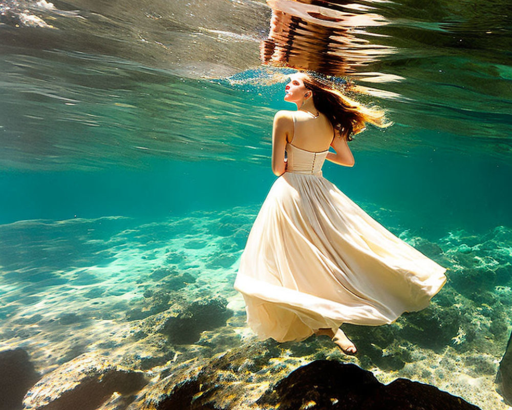 Woman in flowing dress underwater with light filtering through surface