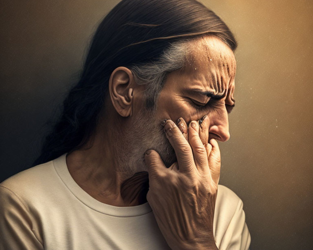 Distraught man with long hair wiping tear in white t-shirt