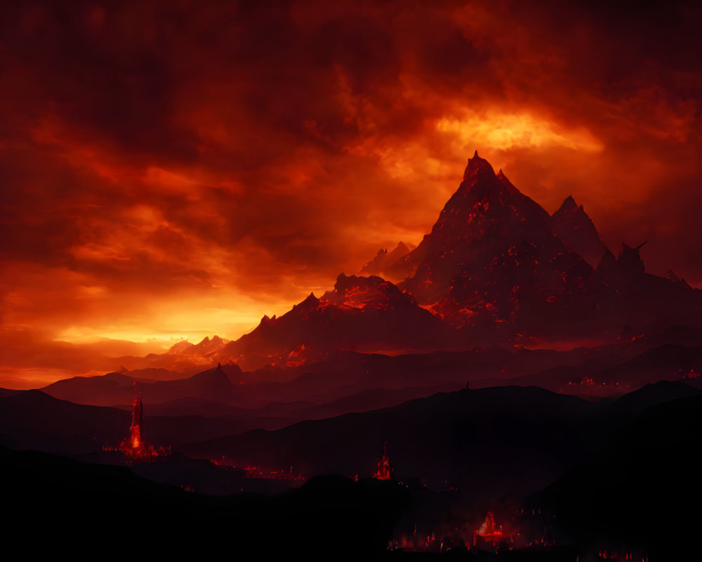 Vibrant red and black landscape with silhouetted mountains and fiery sky.