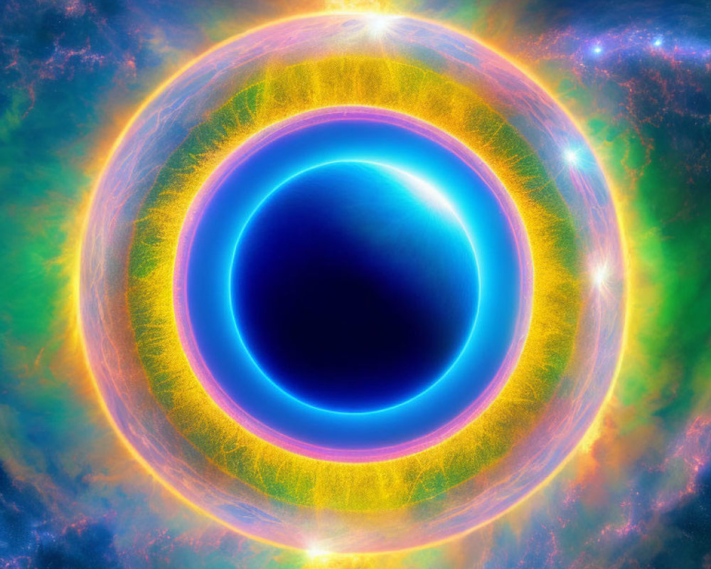 Colorful cosmic illustration of a black hole with luminous rings and radiant bursts