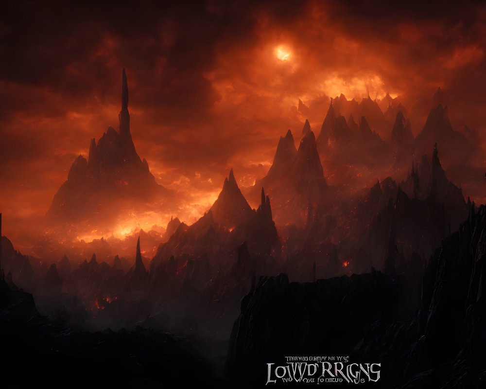 Sinister fantasy landscape with fiery skies and dark towers