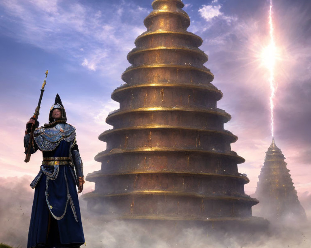 Person in historical armor at foggy pagoda under dramatic sky