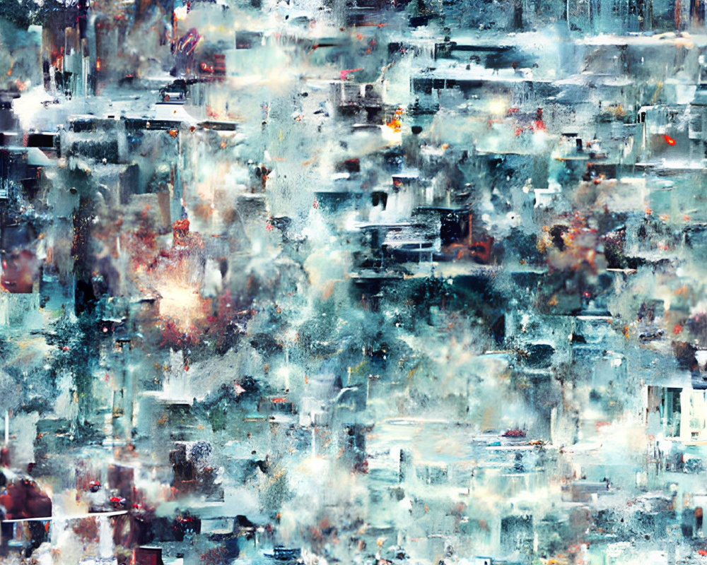 Multilayered abstract artwork in cool tones with urban landscape elements