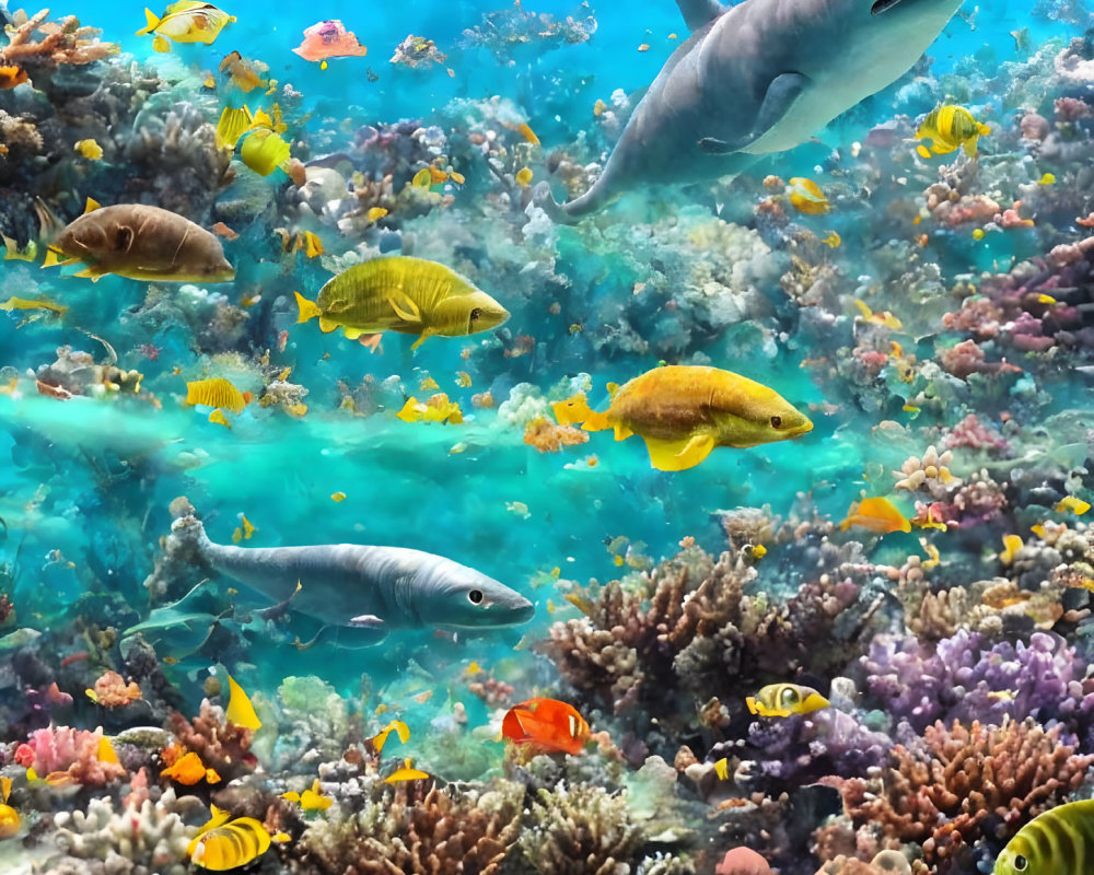 Colorful Underwater Scene with Shark, Barracudas, and Coral Reefs