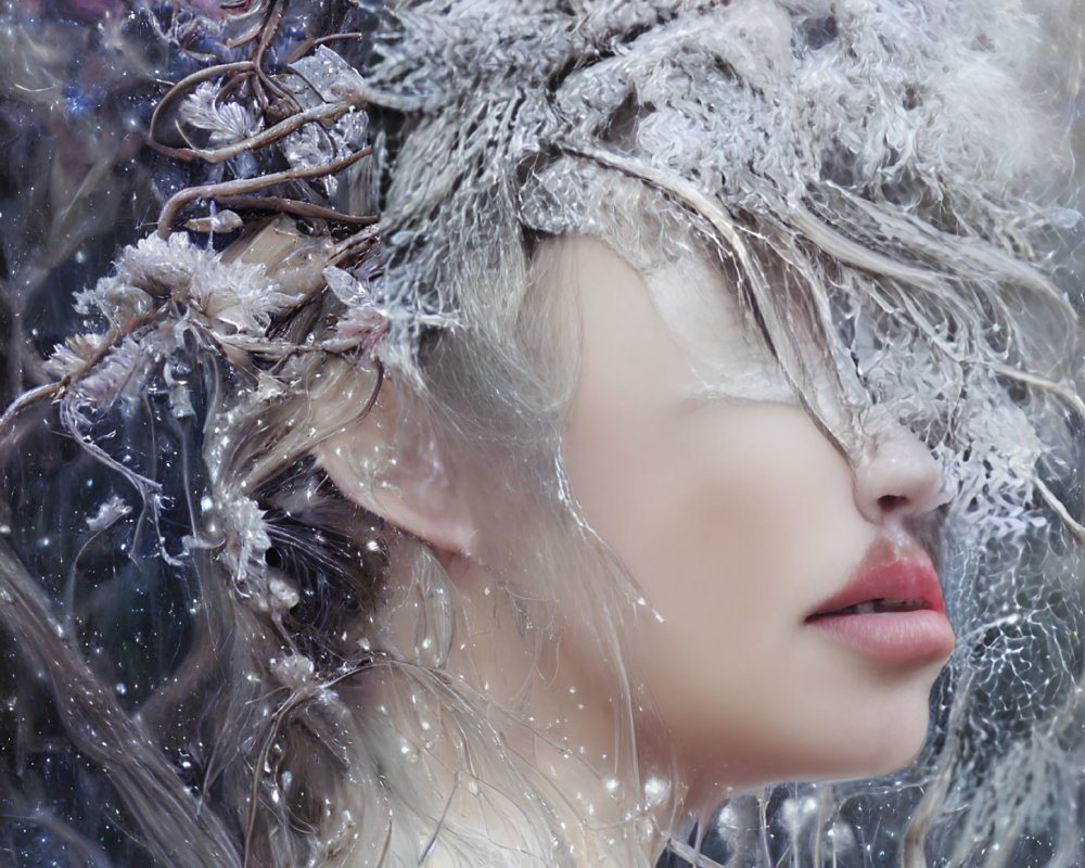 Ethereal close-up portrait with icy appearance and frost-like textures