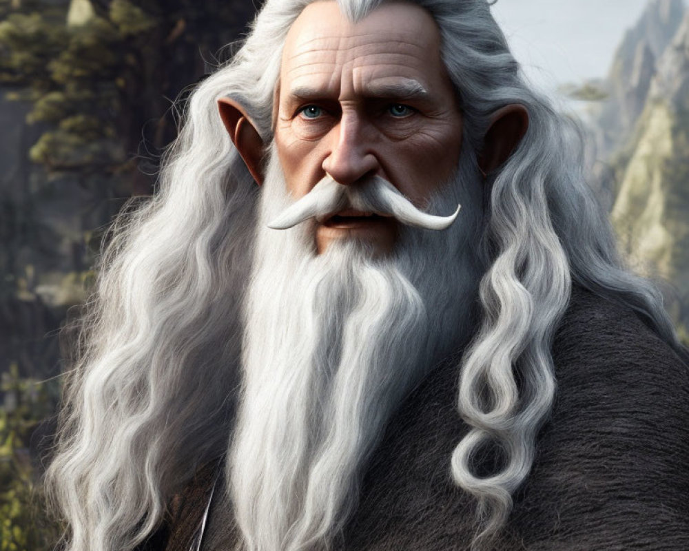 Elderly animated character with long white hair in forest setting