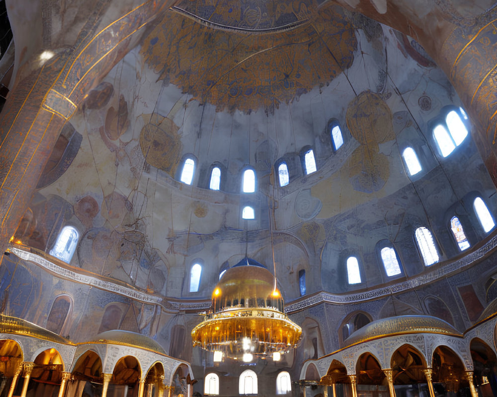 Grand historical building with golden dome, frescoes, and abundant natural light