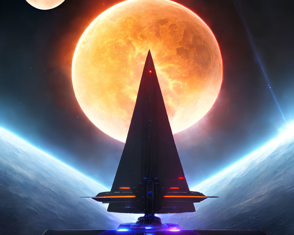 Futuristic spaceship with glowing engines on platform against red moon and blue planet horizon