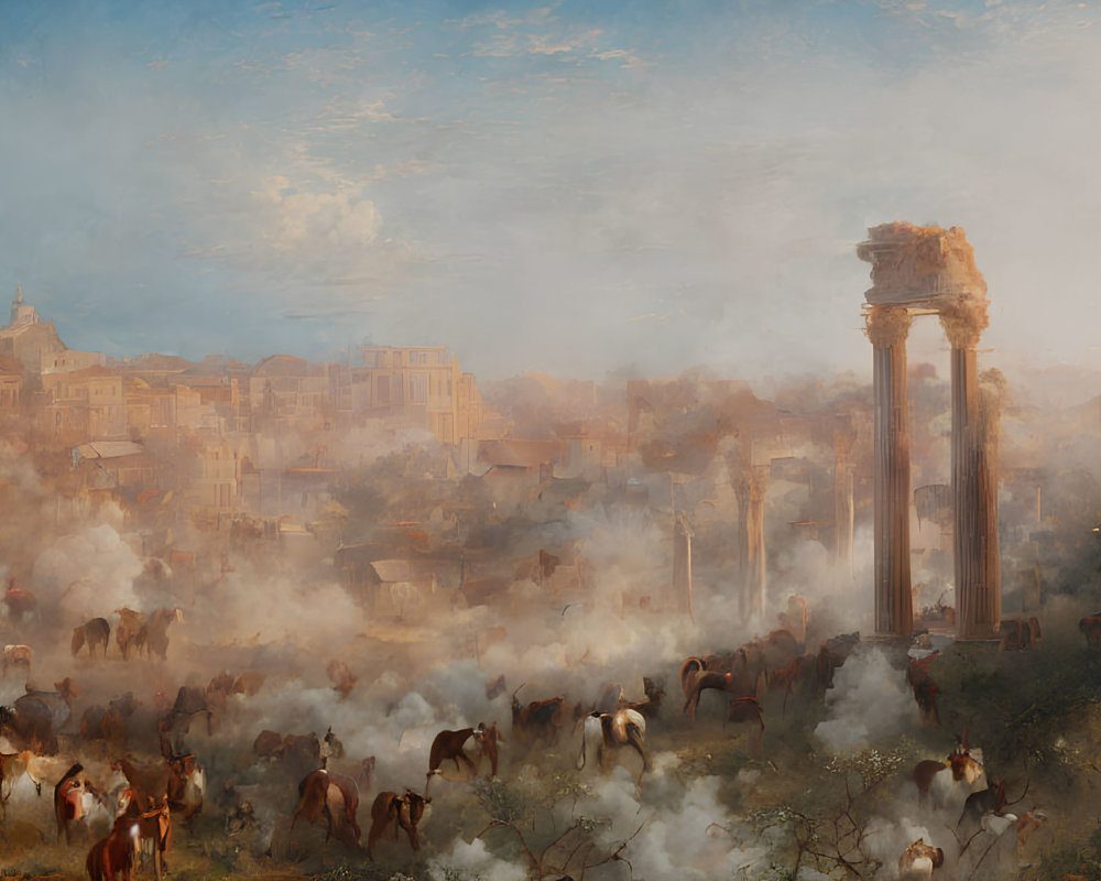 Ancient Roman ruins in idyllic sunrise pastoral scene