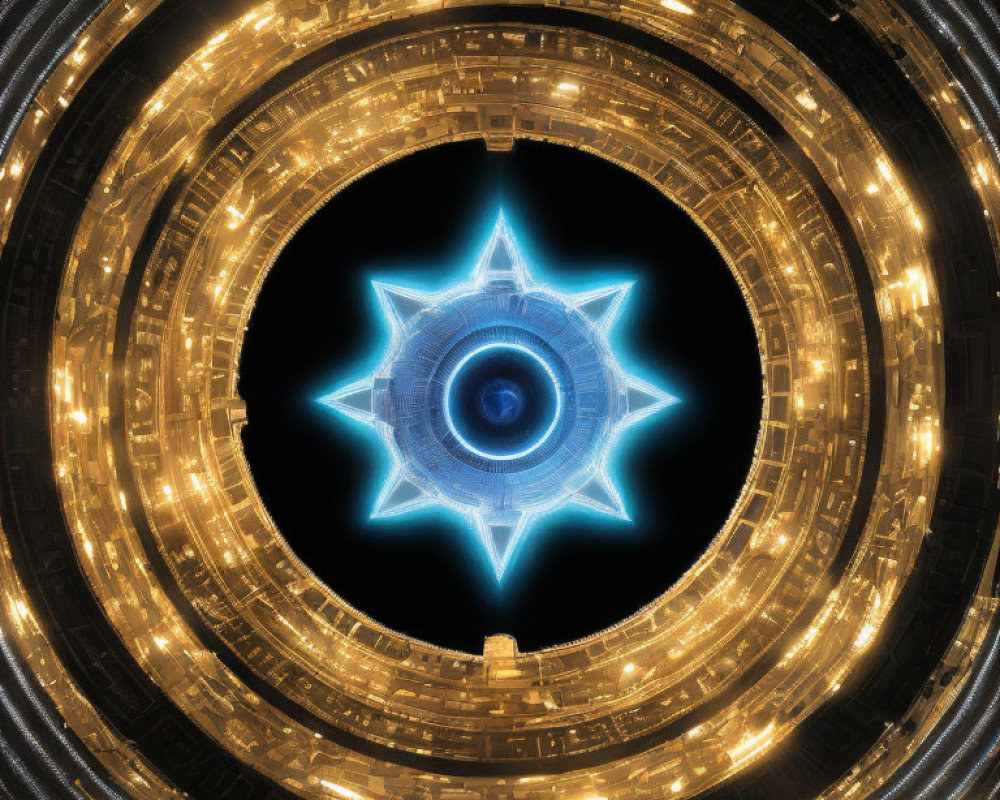 Blue fractal star pattern with golden cityscape circles on black background