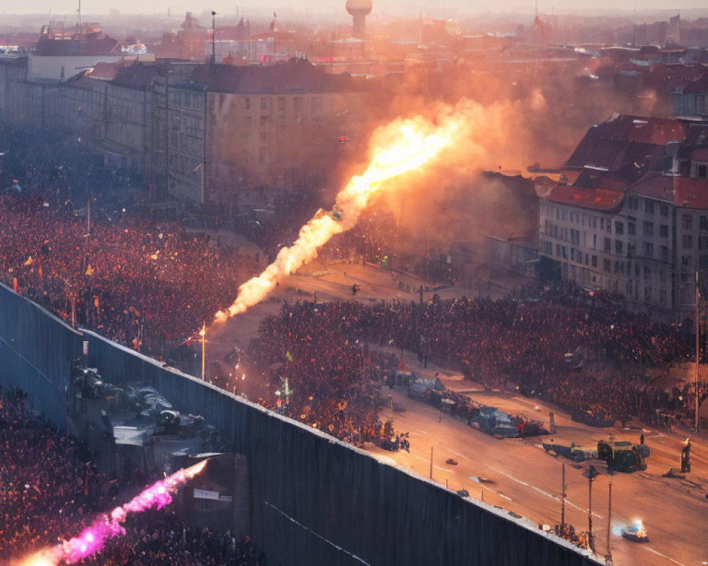 Crowd watches flame projection over city barrier at dusk