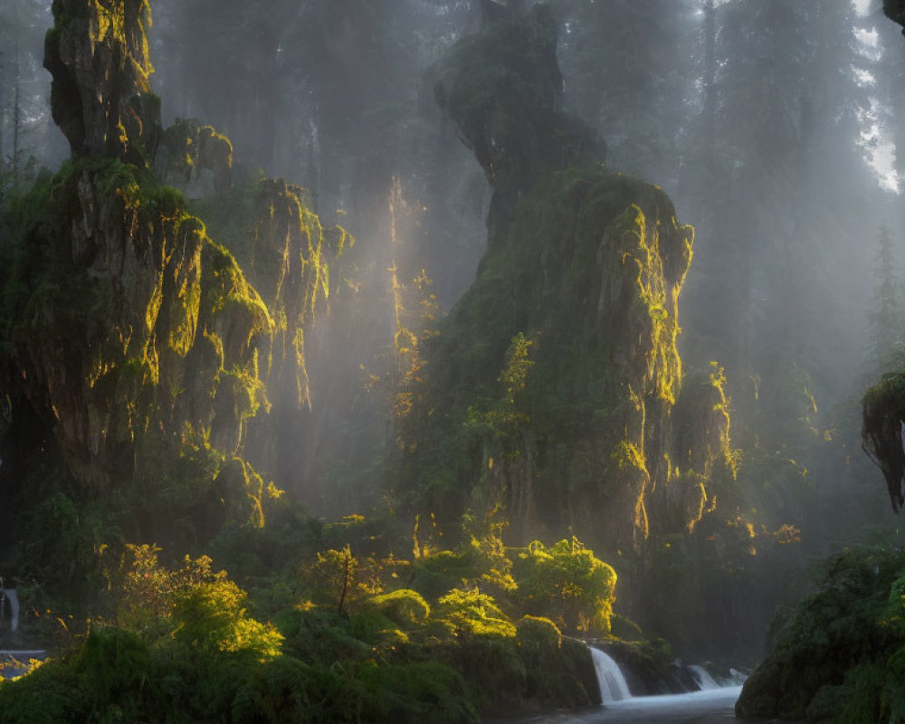 Misty forest with moss-covered trees and a river in sunlight