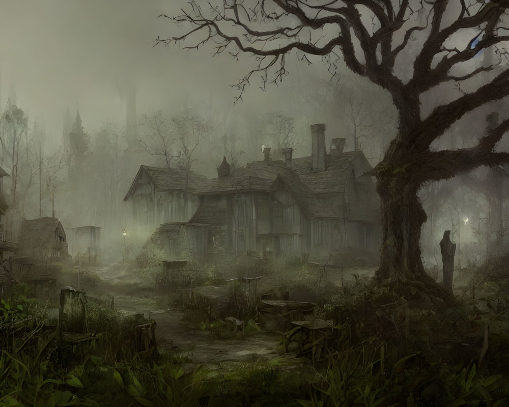 Misty swamp scene with dilapidated houses, gnarled tree, and figure by lamp post