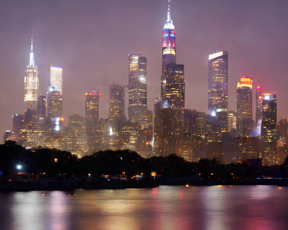 City skyline with illuminated skyscrapers reflected on calm water