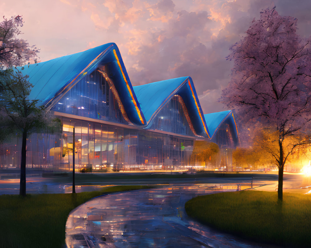 Modern building with blue illuminated edges, glass facade, cherry trees, and twilight sky.