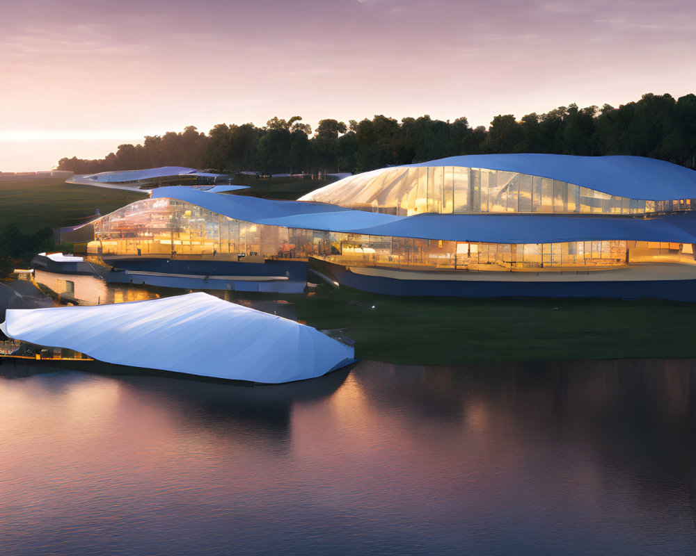 Contemporary architectural design by water at sunset