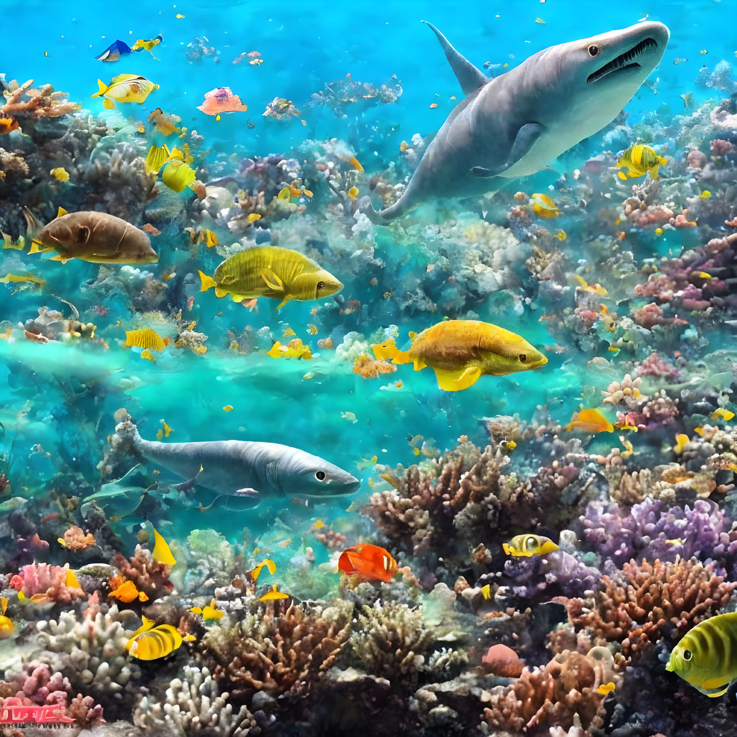 Colorful Underwater Scene with Shark, Barracudas, and Coral Reefs