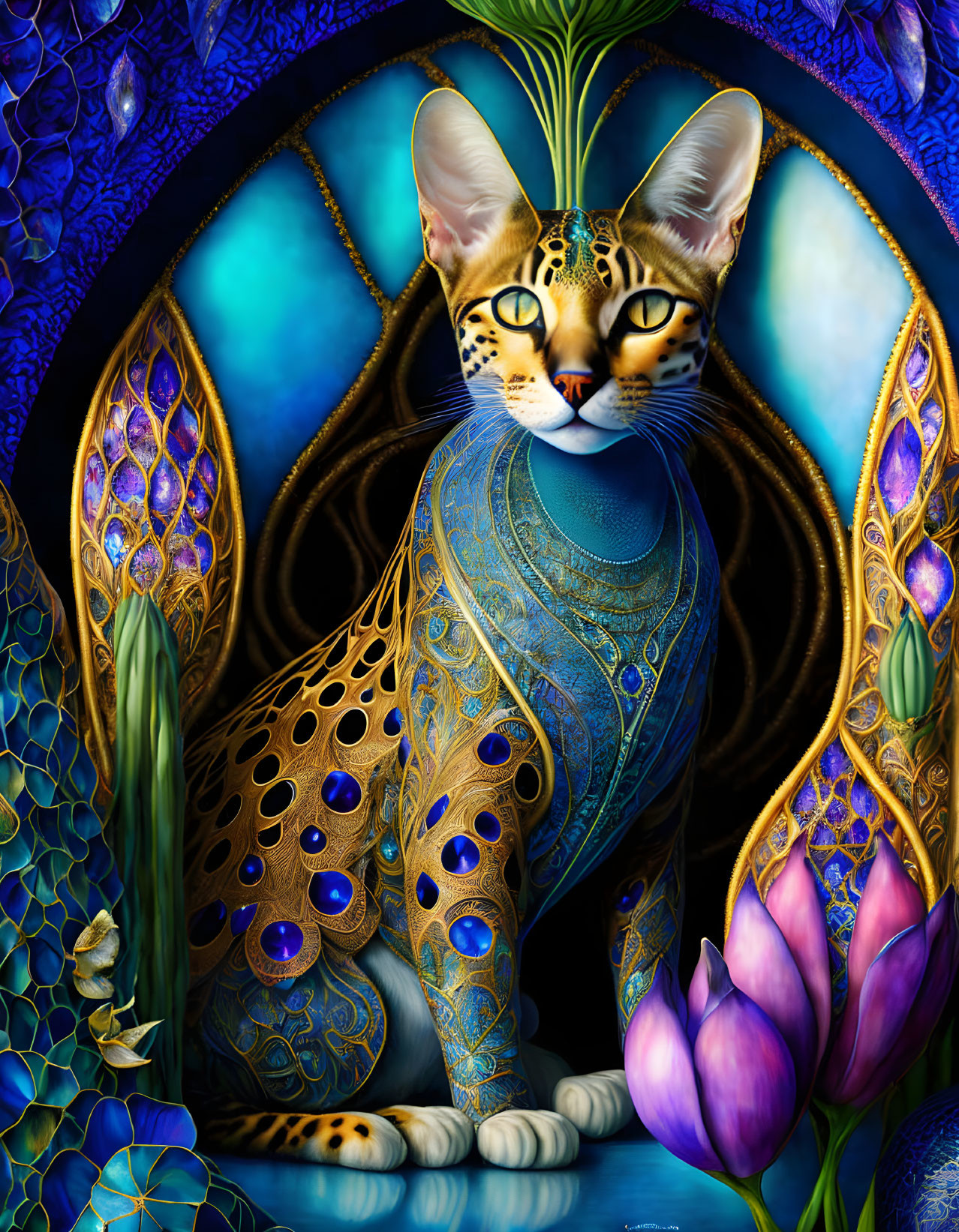 Ornate Illustration of Majestic Cat with Vibrant Colors