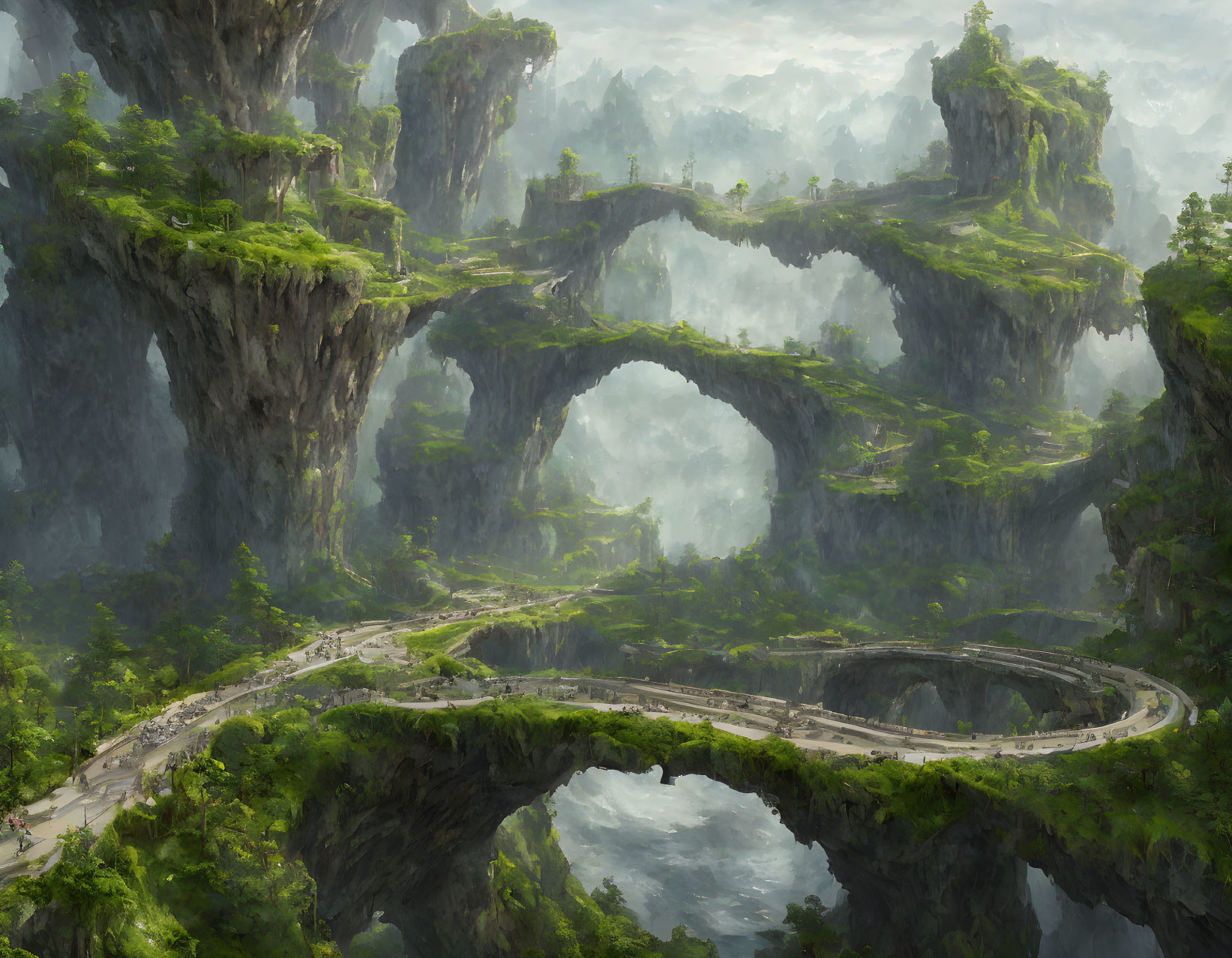 Verdant mist-covered canyon with winding road through stone arches