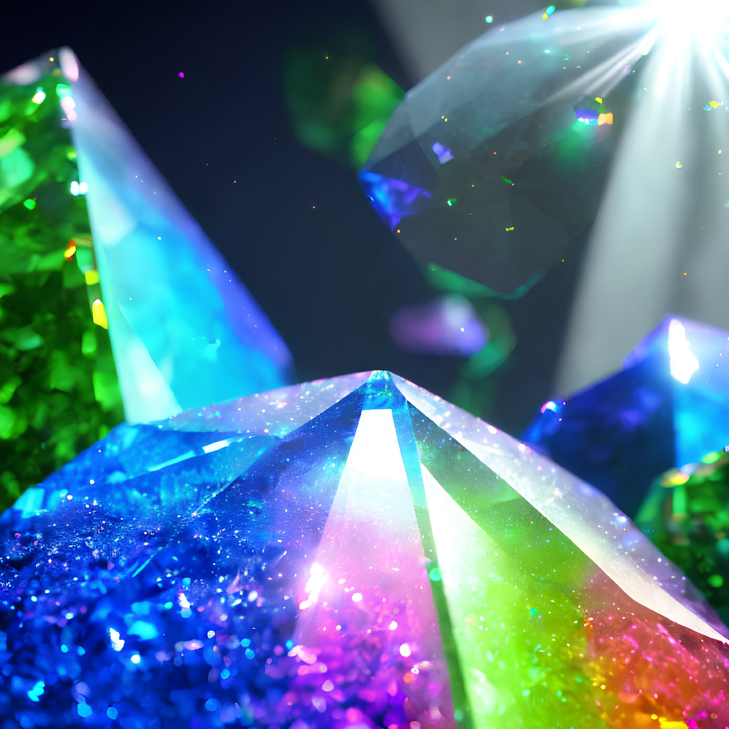 Colorful Crystal Cluster with Central Gem on Dark Bokeh Background