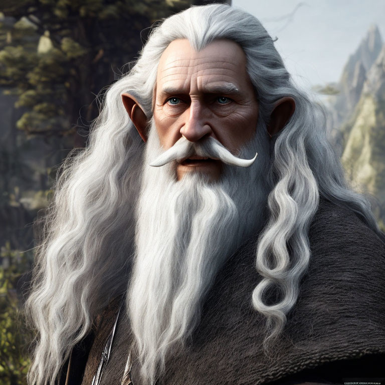 Elderly animated character with long white hair in forest setting