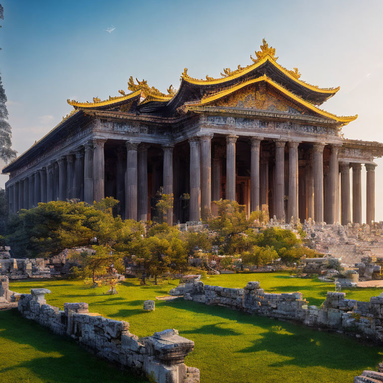 Ancient Temple with Ornate Columns in Warm Sunlight