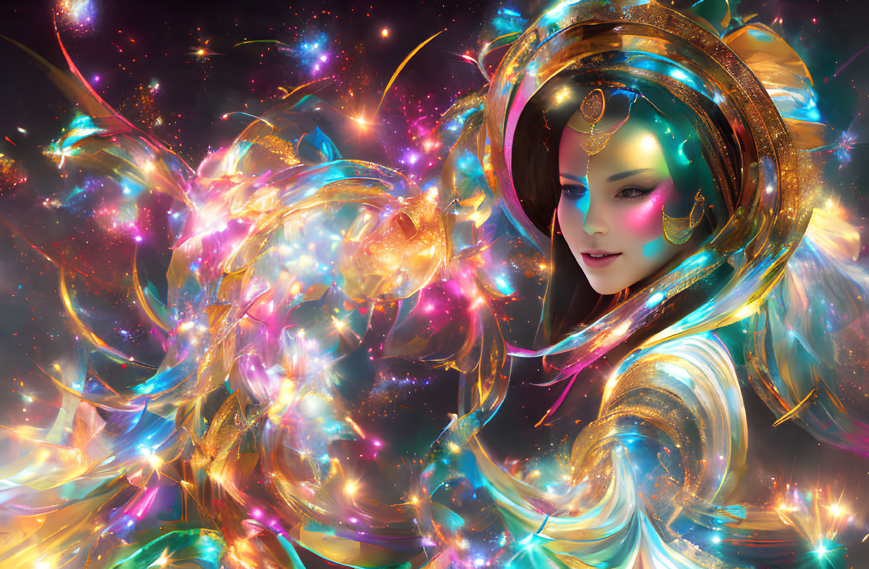 Vibrant cosmic portrait of a woman with golden headgear