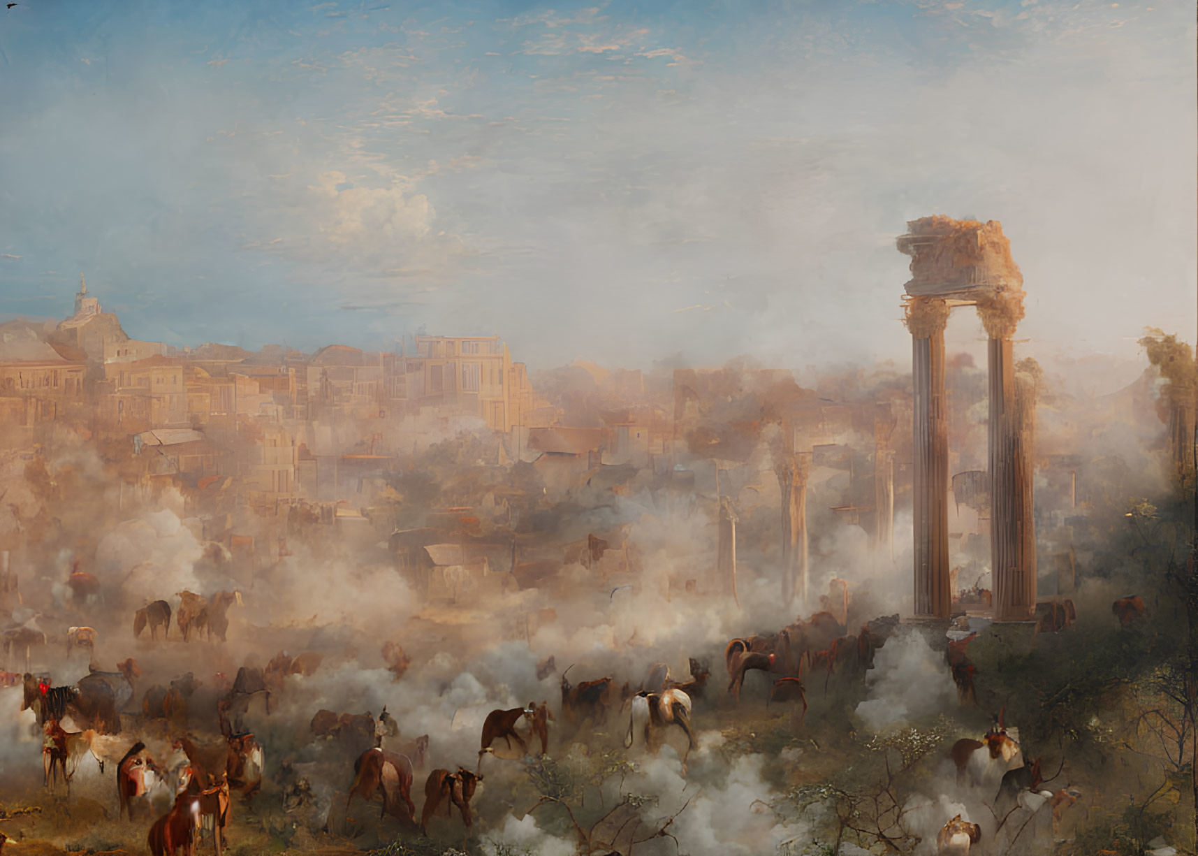 Ancient Roman ruins in idyllic sunrise pastoral scene