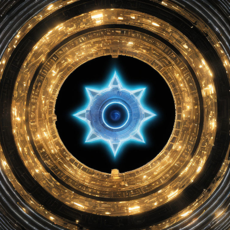Blue fractal star pattern with golden cityscape circles on black background
