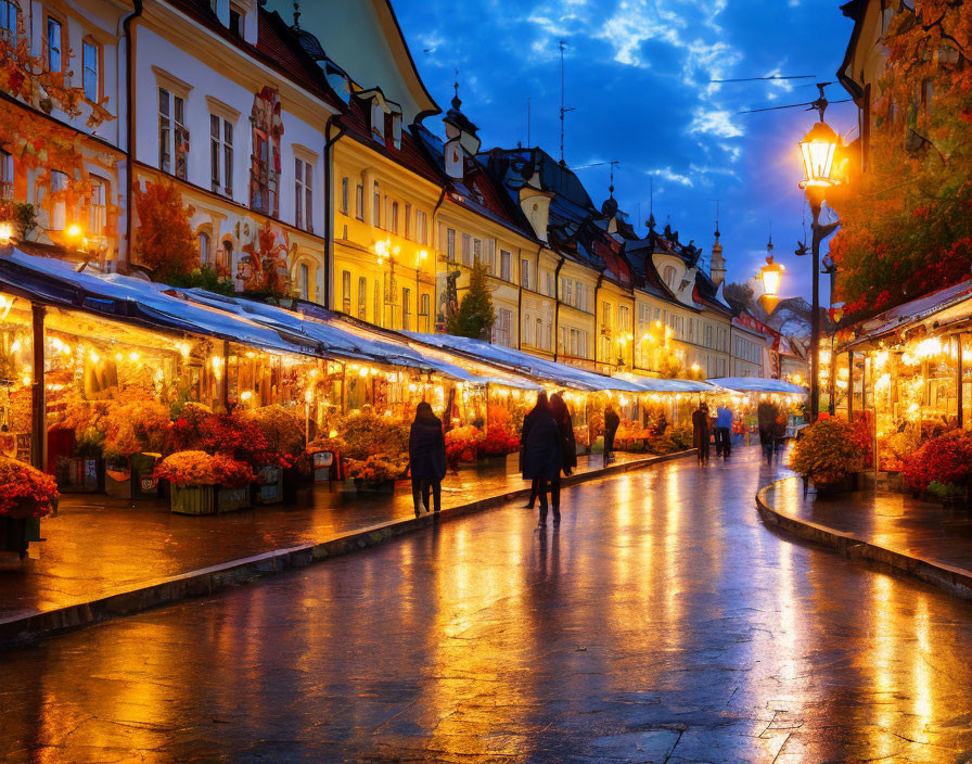 Twilight scene of rain-soaked cobblestone street with market stalls and vintage lamps