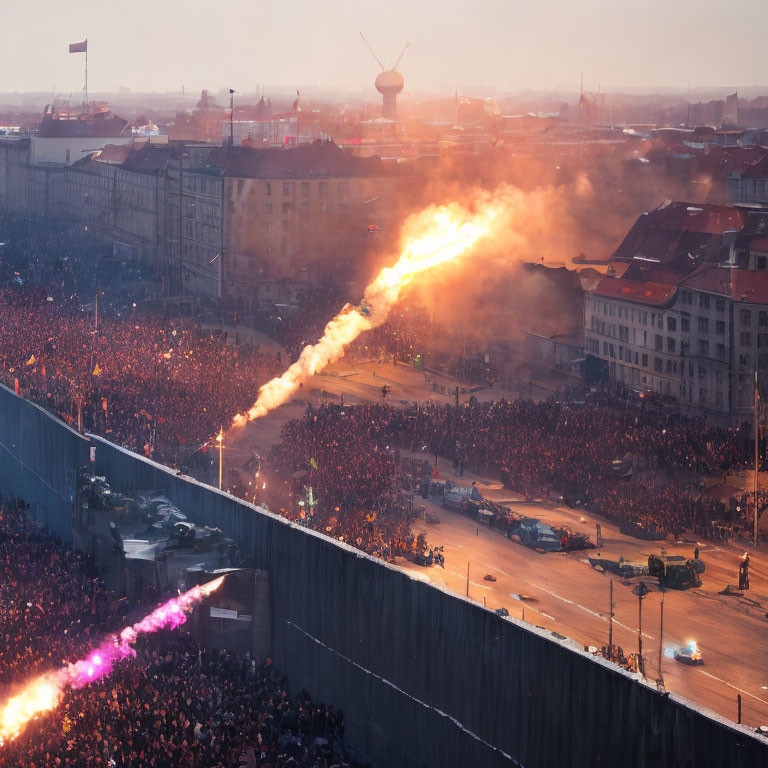 Crowd watches flame projection over city barrier at dusk