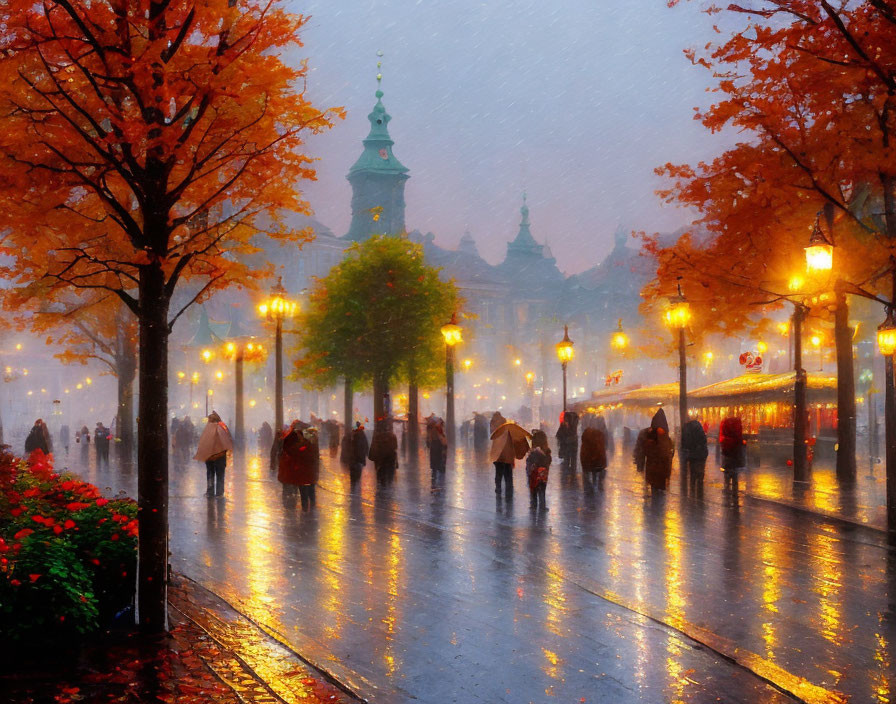 Rain-soaked street scene with pedestrians, autumnal trees, glowing streetlights, and historical buildings.