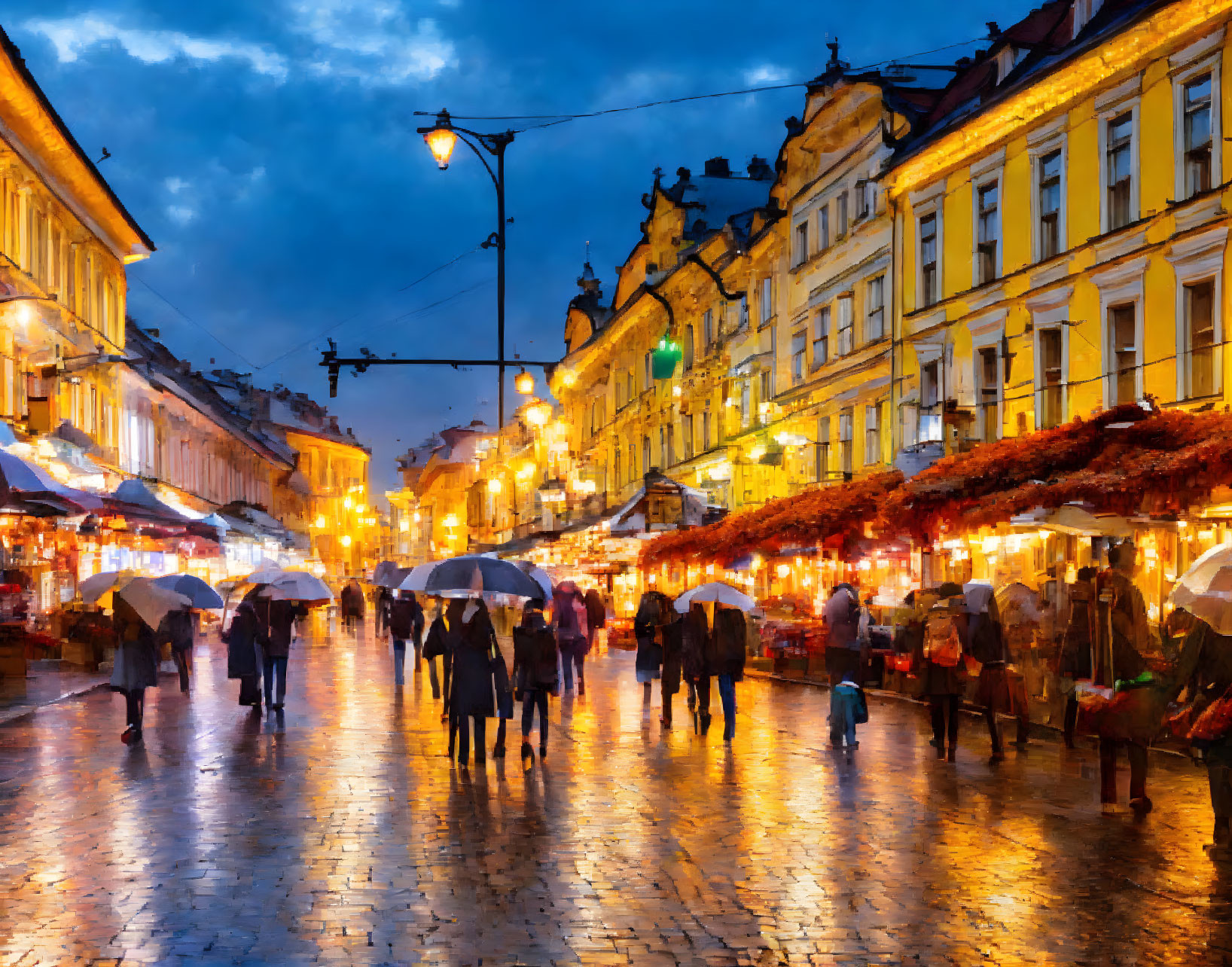 Pedestrians with umbrellas on rain-soaked cobblestone street at night