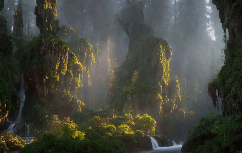 Misty forest with moss-covered trees and a river in sunlight