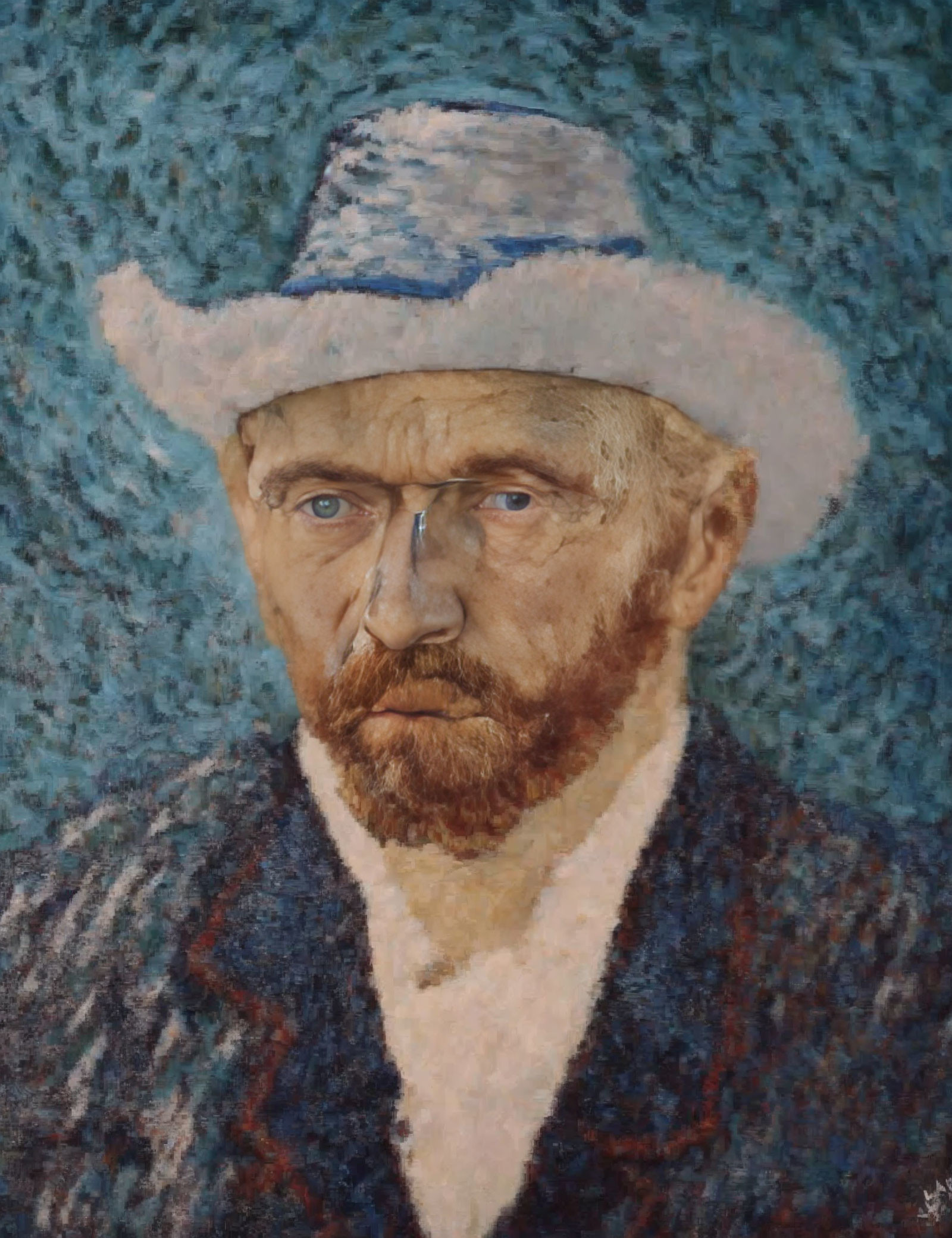 Man with White Hat and Beard in Impressionist Style on Blue Background