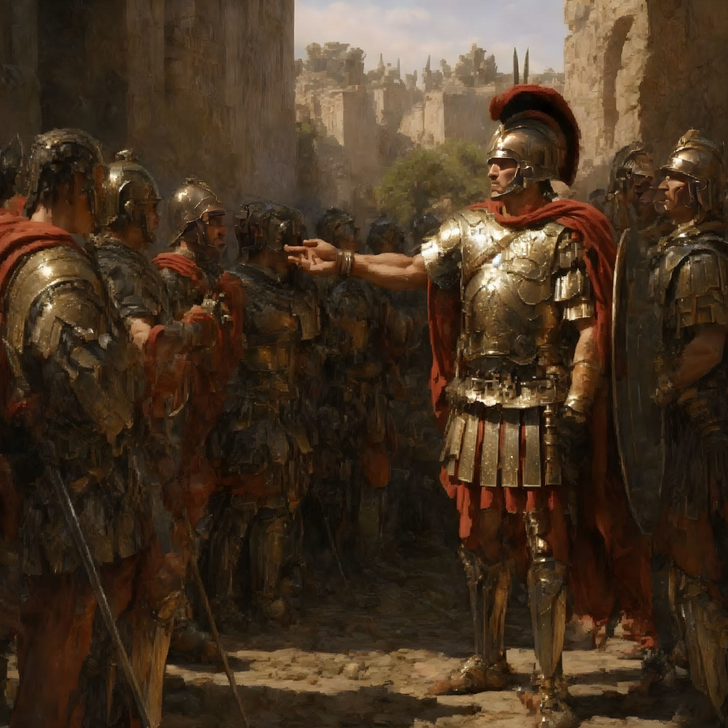 Roman commander in armor leads legionaries in ancient ruins under hazy sky